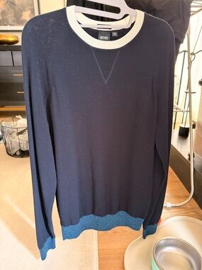 BOSS Navy Crewneck Sweater with White Collar and Teal Trim